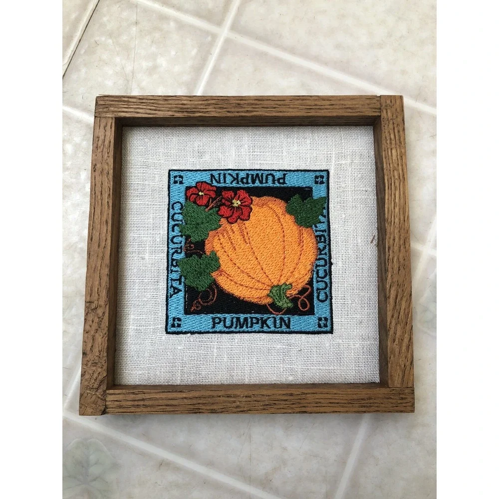 Machine Embroidered Pumpkin Picture On Linen With Wood Frame‎ 6 X 6